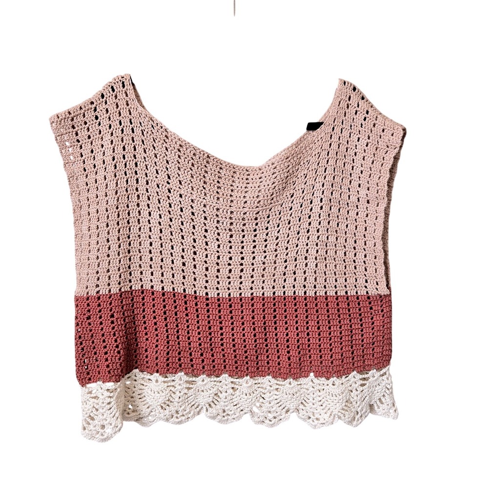 Handmade Crochet Colorblock Boho ‎ Pink Cotton Top LG, Festival, Cottagecore
